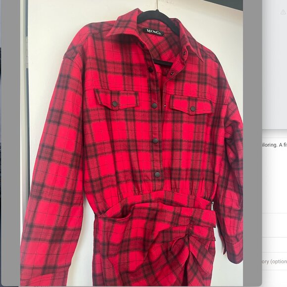 Wool Blend Ruched Skirt Plaid Mini Shirt Dress - Picture 2 of 6